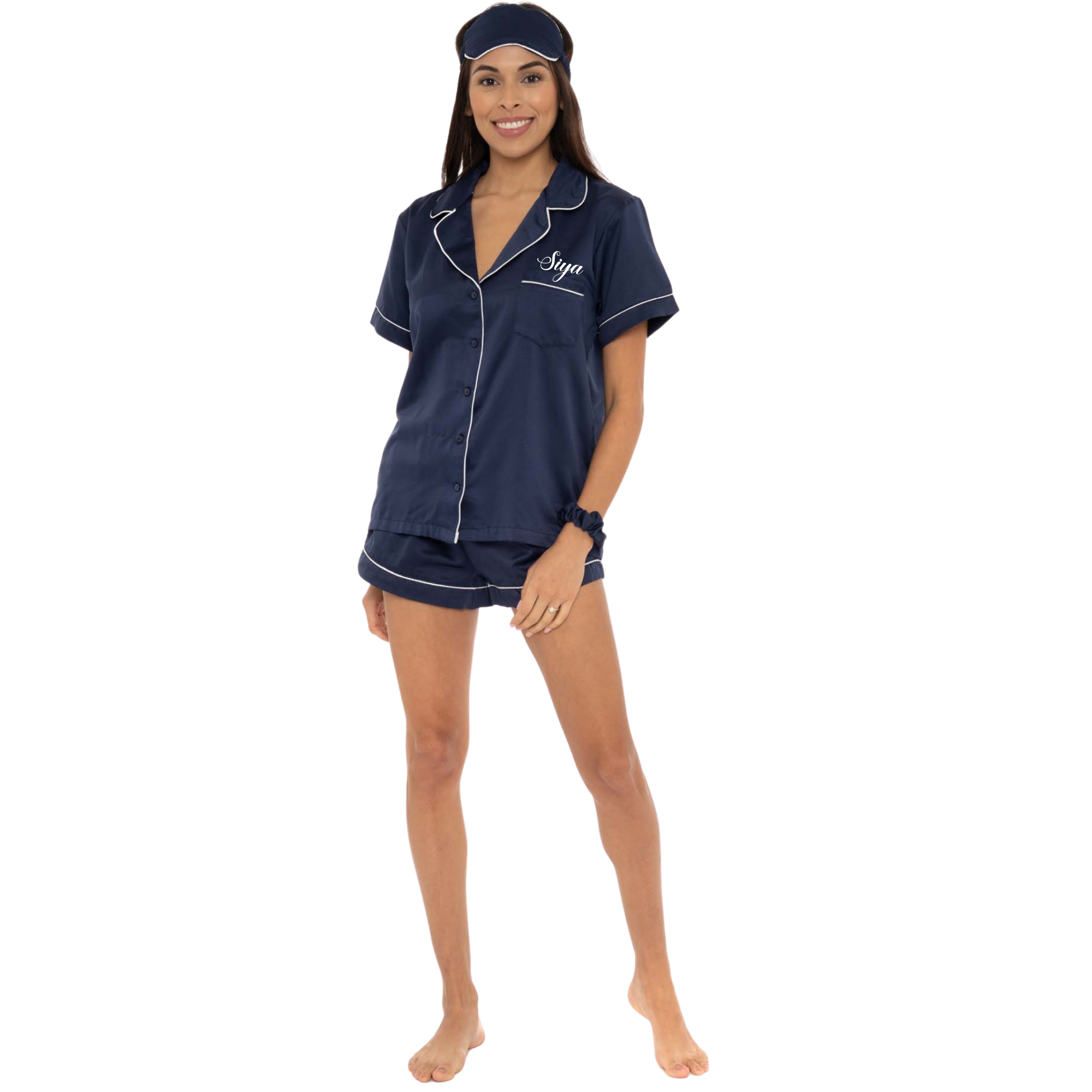 Navy Short Sleeve Satin Pyjamas