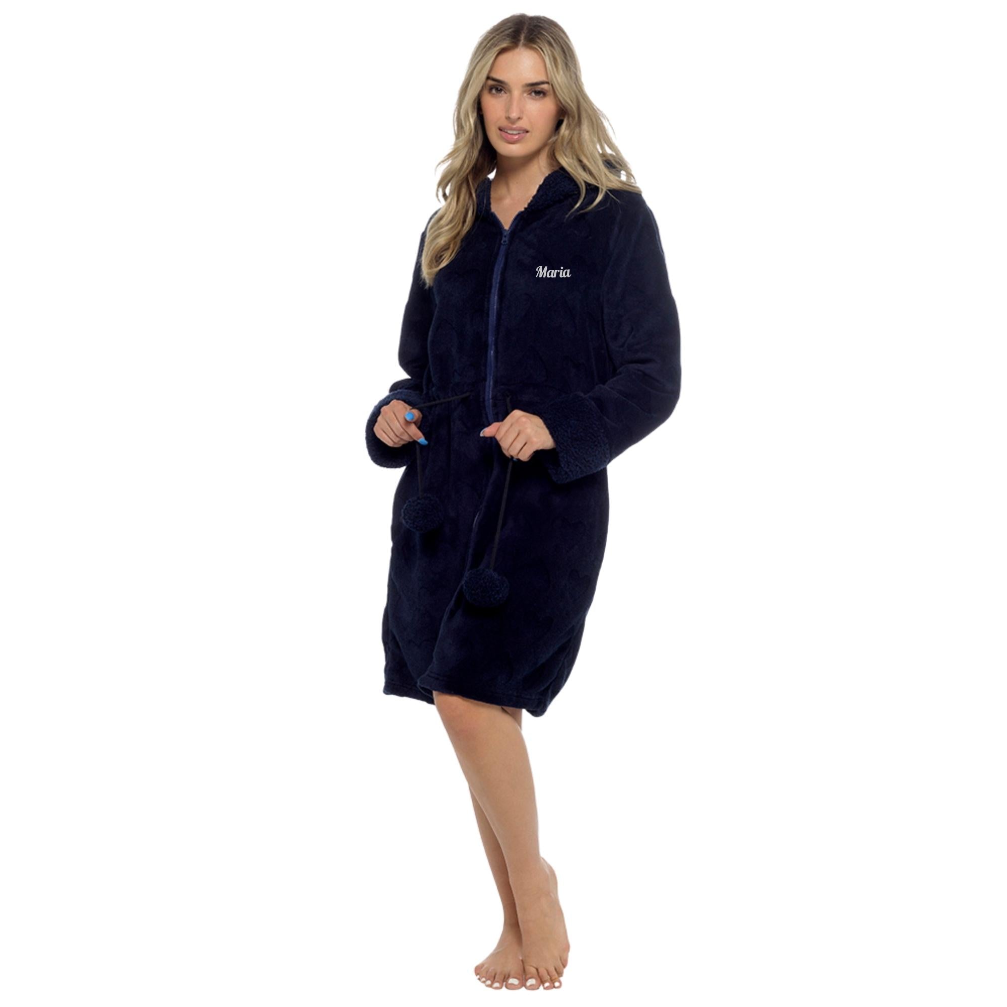 Navy Hooded Zip Up Robe